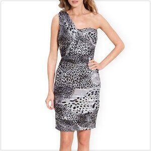 TADASHI SHOJI Black White Animal Print One Shoulder Ruched Evening Dress NWT 8